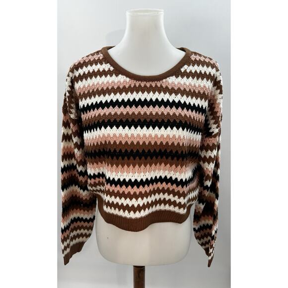 NYC Knit Sweaters - NYC Knits Cropped Striped Sweater Size L Brown Pink Black Retro Knit Top